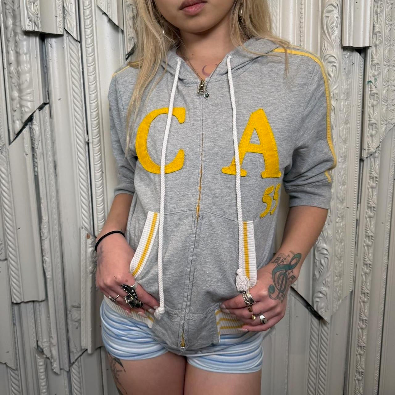 Y2K grey and yellow “CA 55” short sleeve zip up hoodie