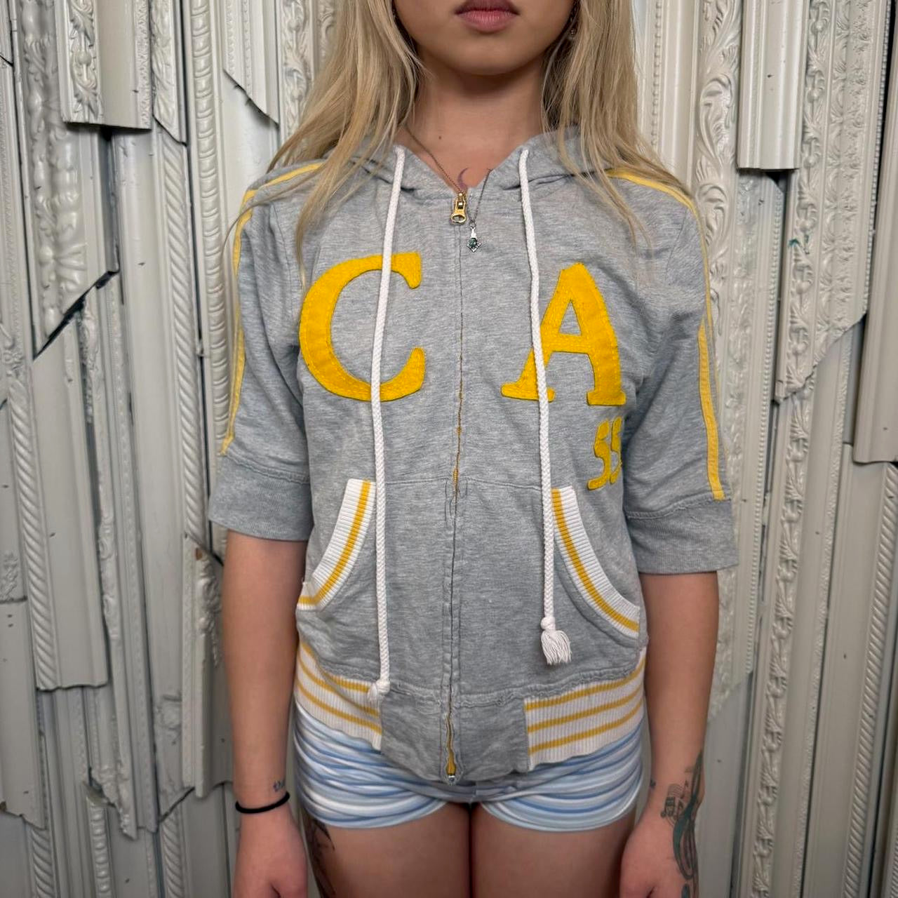 Y2K grey and yellow “CA 55” short sleeve zip up hoodie