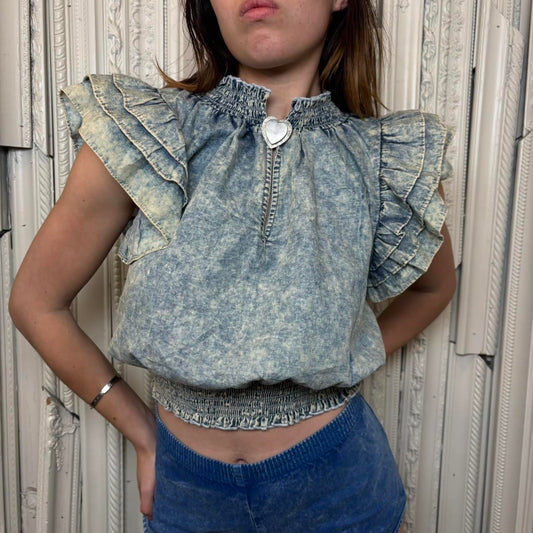 Entro acid wash denim cropped blouse with ruffle detailing