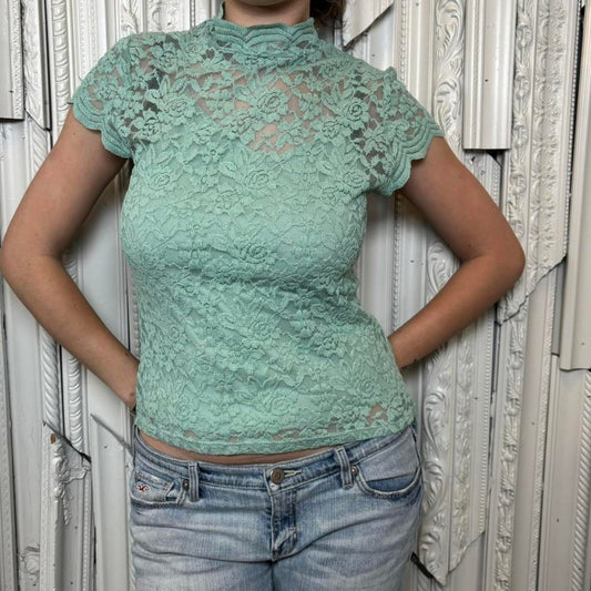 No Boundaries mint green floral lace mock neck top