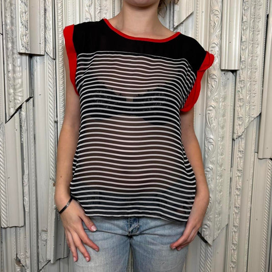 A’gaci black, white and red sheer striped blouse with open back
