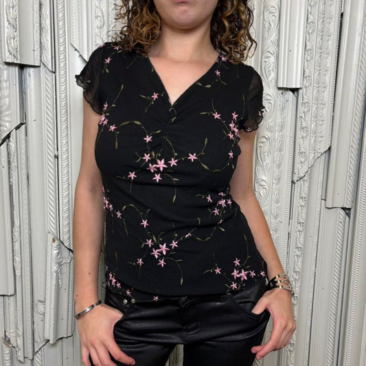 Wrapper mesh v neck short sleeve blouse with floral embroidery