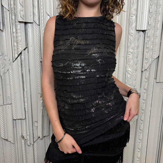 Karen Kane black tiered ruffle brushed metallic tank top